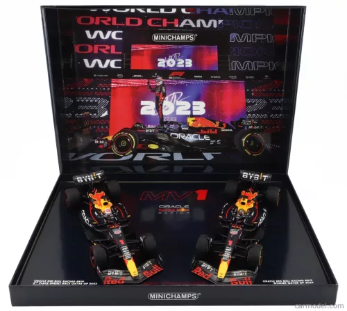 RED BULL  SET 2X F1  RB19 TEAM ORACLE RED BULL RACING N 1 WORLD CHAMPION 2nd SPRINT RACE + WINNER QATAR GP 2023 MAX VERSTAPPEN  MATT BLUE