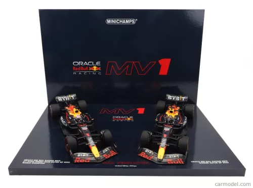 RED BULL  SET 2X F1  RB19 TEAM ORACLE RED BULL RACING N 1 WORLD CHAMPION 2nd SPRINT RACE + WINNER QATAR GP 2023 MAX VERSTAPPEN  MATT BLUE
