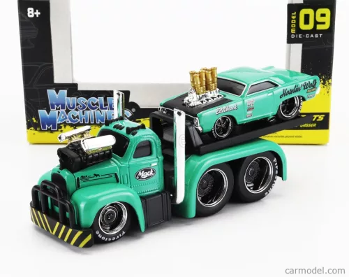 MACK  B-61 FLATBED TRUCK CAR TRANSPORTER 1953 WITH DODGE DART CUSTOM 1968  GREEEN