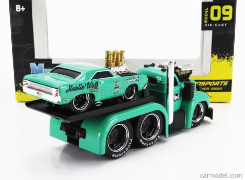 MACK  B-61 FLATBED TRUCK CAR TRANSPORTER 1953 WITH DODGE DART CUSTOM 1968  GREEEN