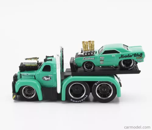 MACK  B-61 FLATBED TRUCK CAR TRANSPORTER 1953 WITH DODGE DART CUSTOM 1968  GREEEN