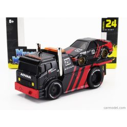   TRUCK  JDM FLATBED TRUCK CAR TRANSPORTER WITH TOYOTA SPRINTER TRUENO (AE86) ADVAN CUSTOM 1983  BLACK RED