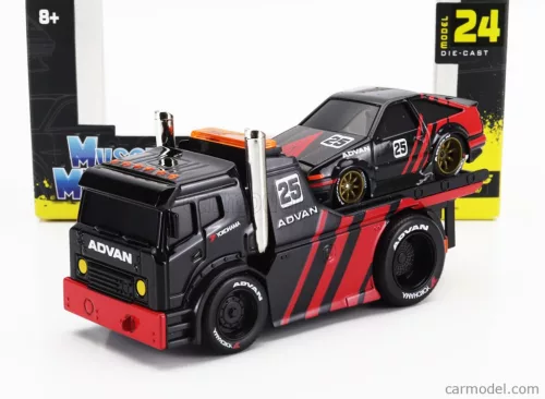 TRUCK  JDM FLATBED TRUCK CAR TRANSPORTER WITH TOYOTA SPRINTER TRUENO (AE86) ADVAN CUSTOM 1983  BLACK RED