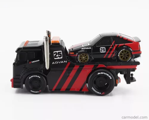 TRUCK  JDM FLATBED TRUCK CAR TRANSPORTER WITH TOYOTA SPRINTER TRUENO (AE86) ADVAN CUSTOM 1983  BLACK RED