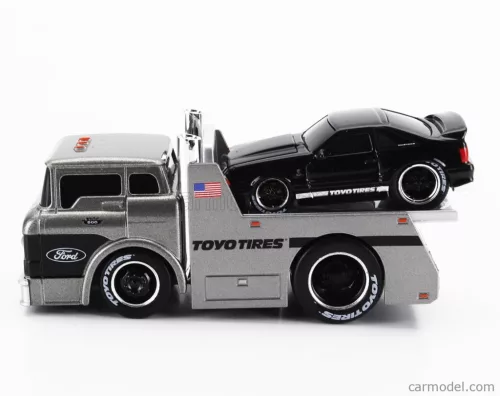 FORD USA  C600 FLATBED TRUCK CAR TRANSPORTER WITH MUSTANG SVT COBRA COUPE TOYO TIRES CUSTOM 1993  SILVER BLACK