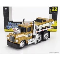   MACK  R685ST FLATBED TRUCK CAR TRANSPORTER WITH CHEVROLET C-10 PICK-UP CUSTOM 1972  GOLD WHITE