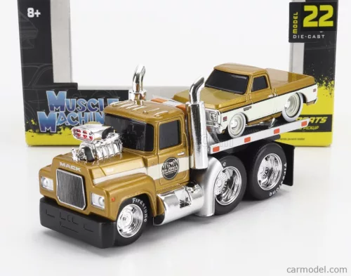 MACK  R685ST FLATBED TRUCK CAR TRANSPORTER WITH CHEVROLET C-10 PICK-UP CUSTOM 1972  GOLD WHITE