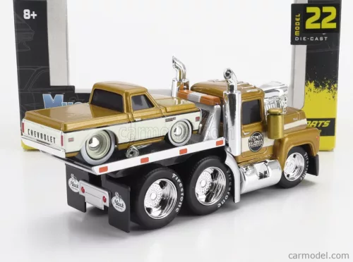 MACK  R685ST FLATBED TRUCK CAR TRANSPORTER WITH CHEVROLET C-10 PICK-UP CUSTOM 1972  GOLD WHITE