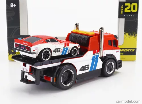 TRUCK  JDM FLATBED TRUCK CAR TRANSPORTER WITH DATSUN 240Z N 46 BRE CUSTOM 1972  RED WHITE