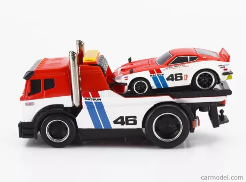 TRUCK  JDM FLATBED TRUCK CAR TRANSPORTER WITH DATSUN 240Z N 46 BRE CUSTOM 1972  RED WHITE