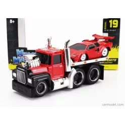   MACK  R685ST FLATBED TRUCK CAR TRANSPORTER WITH LAMBORGHINI COUNTACH CUSTOM 1988  RED BLACK