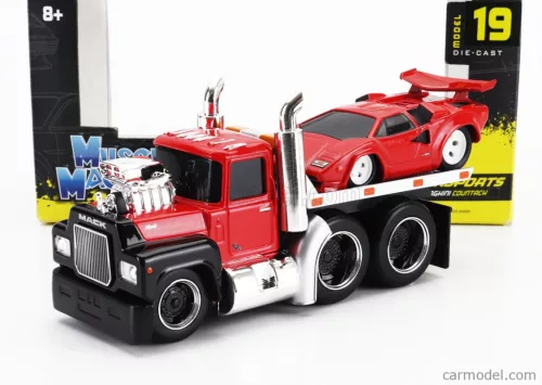 MACK  R685ST FLATBED TRUCK CAR TRANSPORTER WITH LAMBORGHINI COUNTACH CUSTOM 1988  RED BLACK