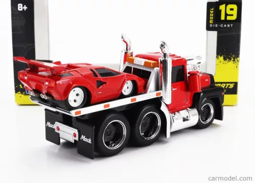 MACK  R685ST FLATBED TRUCK CAR TRANSPORTER WITH LAMBORGHINI COUNTACH CUSTOM 1988  RED BLACK