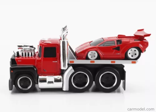 MACK  R685ST FLATBED TRUCK CAR TRANSPORTER WITH LAMBORGHINI COUNTACH CUSTOM 1988  RED BLACK
