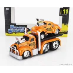   MACK  B-61 FLATBED TRUCK CAR TRANSPORTER 1953 WITH WILLYS COUPE GASSER CUSTOM 1941  ORANGE MET