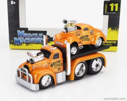 MACK  B-61 FLATBED TRUCK CAR TRANSPORTER 1953 WITH WILLYS COUPE GASSER CUSTOM 1941  ORANGE MET