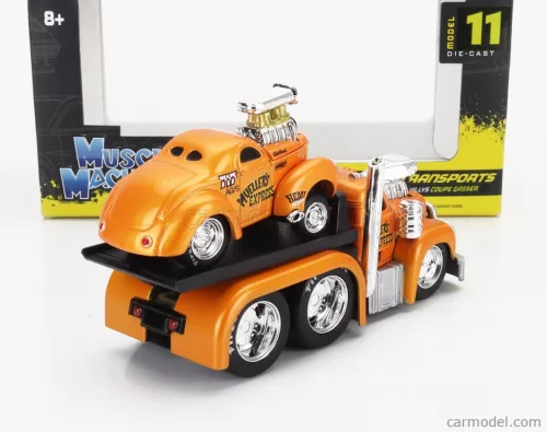 MACK  B-61 FLATBED TRUCK CAR TRANSPORTER 1953 WITH WILLYS COUPE GASSER CUSTOM 1941  ORANGE MET