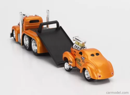 MACK  B-61 FLATBED TRUCK CAR TRANSPORTER 1953 WITH WILLYS COUPE GASSER CUSTOM 1941  ORANGE MET