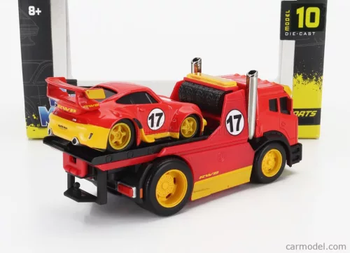 TRUCK  JDM FLATBED TRUCK CAR TRANSPORTER WITH PORSCHE 911 993 RWB CUSTOM 1996  RED YELLOW