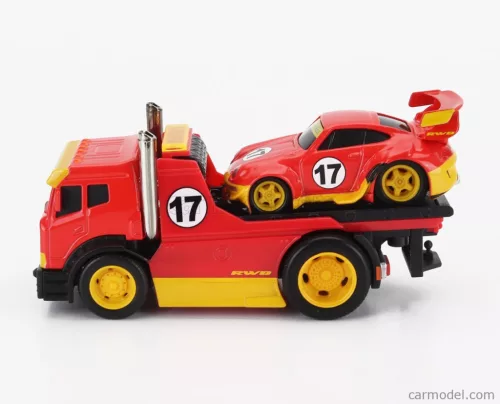 TRUCK  JDM FLATBED TRUCK CAR TRANSPORTER WITH PORSCHE 911 993 RWB CUSTOM 1996  RED YELLOW