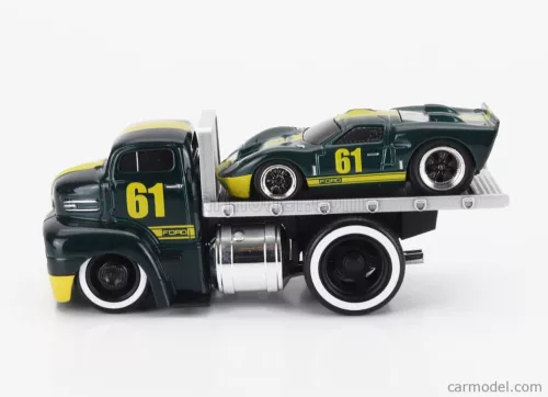 FORD USA  COE FLATBED TRUCK CAR TRANSPORTER 1965 WITH GT40 N 61 CUSTOM 1966  GREEN MET YELLOW