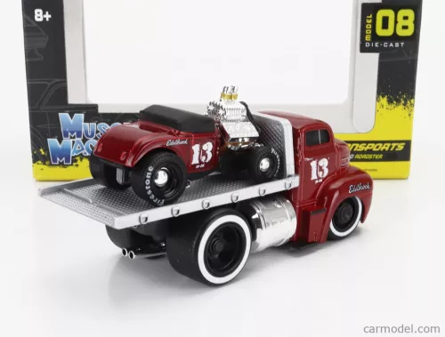 FORD USA  COE FLATBED TRUCK CAR TRANSPORTER 1965 WITH ROADSTER N 13 CUSTOM 1932  RED MET