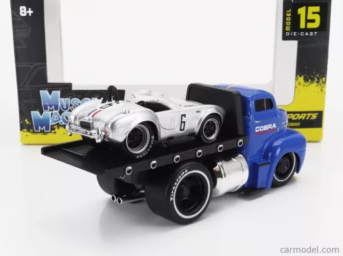 FORD USA  COE FLATBED TRUCK CAR TRANSPORTER 1965 WITH SHELBY COBRA N 6 CUSTOM 1964  BLUE SILVER