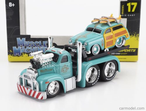 MACK  B-61 FLATBED TRUCK CAR TRANSPORTER WITH FORD WOODY CUSTOM 1950  VERY LIGHT GREEN