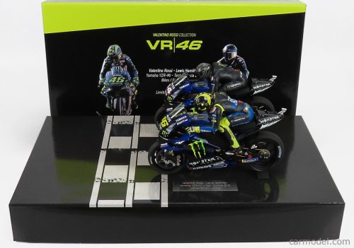 YAMAHA  SET 2X YZR-M1 TEAM MOVISTAR MONSTER ENERGY N 46 + N 44 MOTOGP TEST VALENCIA 2019 WITH FIGURES VALENTINO ROSSI AND LEWIS HAMILTON  BLUE BLACK