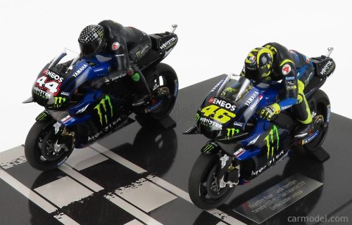 YAMAHA  SET 2X YZR-M1 TEAM MOVISTAR MONSTER ENERGY N 46 + N 44 MOTOGP TEST VALENCIA 2019 WITH FIGURES VALENTINO ROSSI AND LEWIS HAMILTON  BLUE BLACK