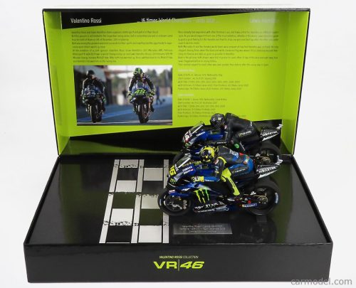 YAMAHA  SET 2X YZR-M1 TEAM MOVISTAR MONSTER ENERGY N 46 + N 44 MOTOGP TEST VALENCIA 2019 WITH FIGURES VALENTINO ROSSI AND LEWIS HAMILTON  BLUE BLACK