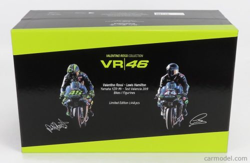 YAMAHA  SET 2X YZR-M1 TEAM MOVISTAR MONSTER ENERGY N 46 + N 44 MOTOGP TEST VALENCIA 2019 WITH FIGURES VALENTINO ROSSI AND LEWIS HAMILTON  BLUE BLACK