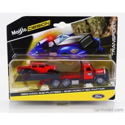   MACK  B-61 FLATBED RAMP TRUCK WITH FORD USA F-150 RAPTOR PICK-UP 2021  RED BLACK