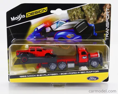 MACK  B-61 FLATBED RAMP TRUCK WITH FORD USA F-150 RAPTOR PICK-UP 2021  RED BLACK