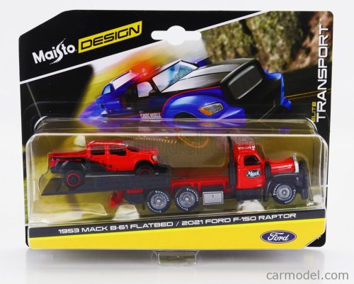 MACK  B-61 FLATBED RAMP TRUCK WITH FORD USA F-150 RAPTOR PICK-UP 2021  RED BLACK