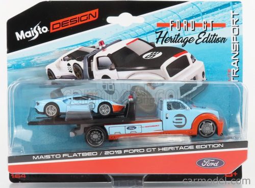 FORD USA  RAMP TRUCK WRECKER WITH FORD GT N 9 HERITAGE EDITION 2019  ORANGE LIGHT BLUE