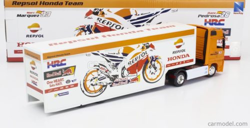 MERCEDES BENZ  ACTROS 1857 TRUCK TEAM HONDA RC213V REPSOL BIKE TRANSPORTER N 93 WORLD CHAMPION MARC MARQUEZ - N 26 DANI PEDROSA SEASON 2017  ORANGE WHITE