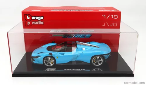 FERRARI  DAYTONA SP3 CLOSED ROOF 2022 - CON VETRINA - WITH SHOWCASE - EXCLUSIVE CARMODEL  MEDIUM BLUE