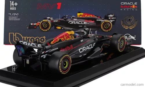 RED BULL  F1  RB20 TEAM ORACLE RED BULL RACING N 1 WORLD CHAMPION SEASON 2024 MAX VERSTAPPEN - WITH PILOT AND SHOWCASE  BLUE YELLOW RED
