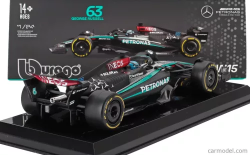 MERCEDES GP  F1  W15 EQ PERFORMANCE TEAM AMG PETRONAS MOTORSPORT N 63 SEASON 2024 GEORGE RUSSELL - WITH PILOT AND SHOWCASE  BLACK SILVER GREEN