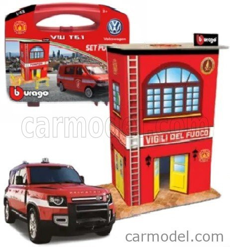 ACCESSORIES  DIORAMA - SET BUILD YOUR CITY FIRE STATION - CASERMA VIGILI DEL FUOCO - WITH VOLKSWAGEN T6 MINIBUS  RED WHITE