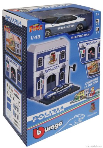 ACCESSORIES  DIORAMA - SET BUILD YOUR CITY POLICE STATION - CASERMA POLIZIA - WITH ALFA ROMEO GIULIA 2015  LIGHT BLUE WHITE