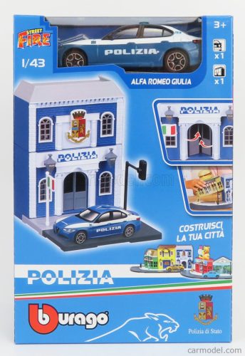 ACCESSORIES  DIORAMA - SET BUILD YOUR CITY POLICE STATION - CASERMA POLIZIA - WITH ALFA ROMEO GIULIA 2015  LIGHT BLUE WHITE