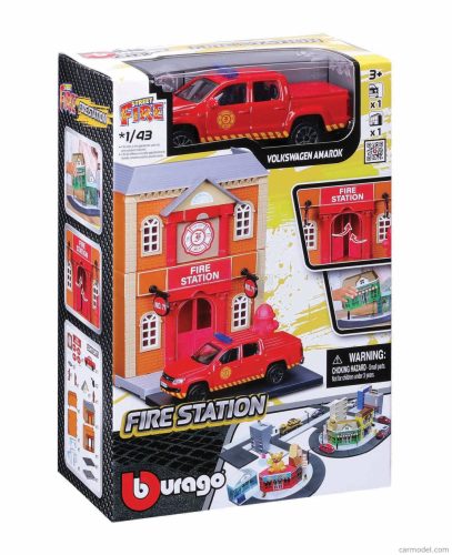 ACCESSORIES  DIORAMA - SET FIRE STATION WITH VOLKSWAGEN AMAROK PICK-UP 2009  RED
