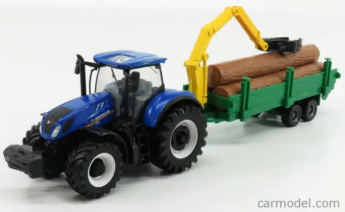 NEW HOLLAND  T7.315 TRACTOR + TREE FORWARDER AND WOOD  BLUE GREEN WOOD