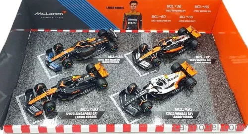 McLAREN  F1  SET 4X - TEAM MCLAREN MCL36 N 4 ABU DHABI GP 2022 - MCL60 N 4 SINGAPORE GP - MONACO GP - BRITISH GP 2023 LANDO NORRIS  ORANGE BLACK WHITE