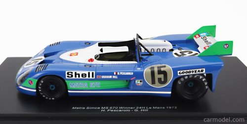 MATRA SIMCA   MS670B 3.0L V12 TEAM EQUIPE MATRA-SIMCA SHELL N 15 WINNER 24h LE MANS 1972 - H.PESCAROLO - G.HILL - CON VETRINA - WITH SHOWCASE   BLUETTE WHITE