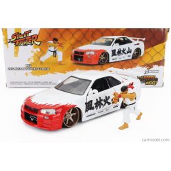   NISSAN  SKYLINE GT-R (R34) ADVAN 2002 WITH STREET FIGHTER RYU FIGURE  WHITE RED