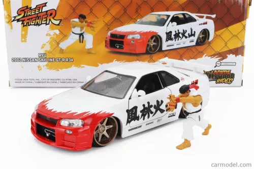 NISSAN  SKYLINE GT-R (R34) ADVAN 2002 WITH STREET FIGHTER RYU FIGURE  WHITE RED