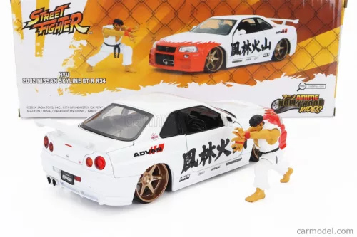 NISSAN  SKYLINE GT-R (R34) ADVAN 2002 WITH STREET FIGHTER RYU FIGURE  WHITE RED